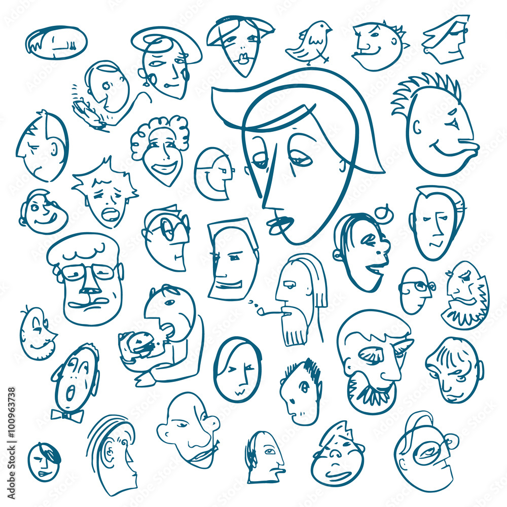 vector set of hand drawn doodle character heads