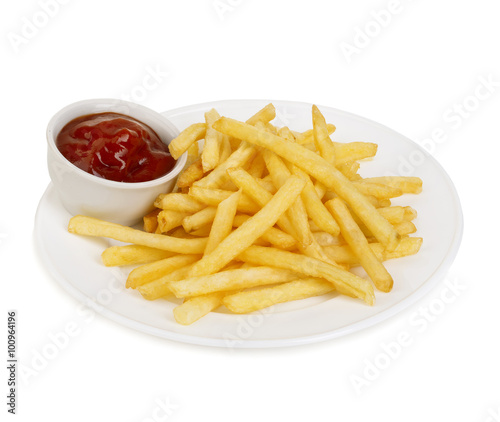 Classical american potatoes fries with ketchup close-up isolated on a white background.