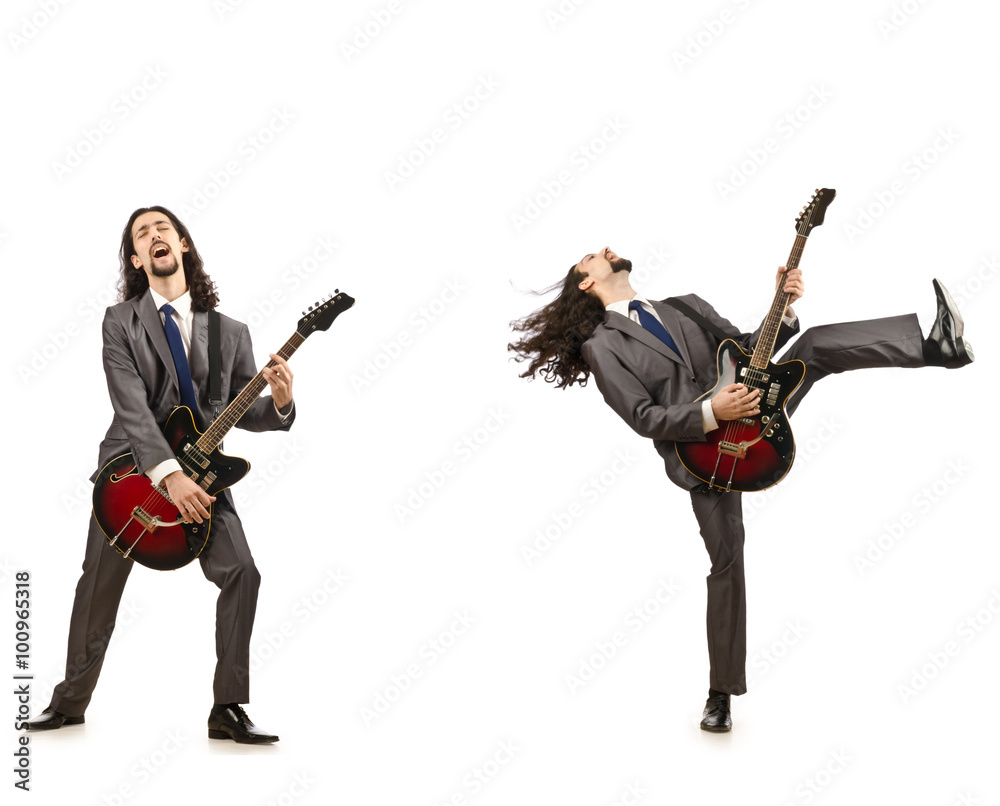 Funny guitar player isolated on white Funny guitar player isolated on white