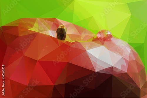 Vector red apple with straw on a green background. Low-poly triangular style illustration