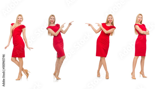 Woman in red dress isolated on white