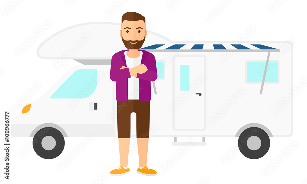 Man standing in front of motor home. Man standing in front of motor home.