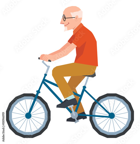 Senior man in the style of low polygon poly rides a bicycle