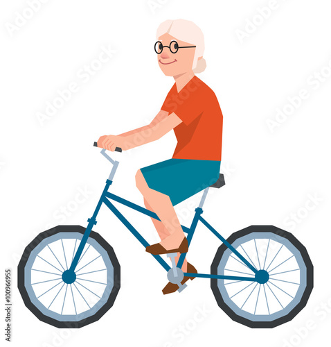 Vector senior woman in the style of low polygon poly rides a bic