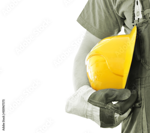 Worker with helmet isolated on white