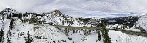 Memorial bridge in Donner Pass near Truckee, California, USA. Aerial panoramic. photo