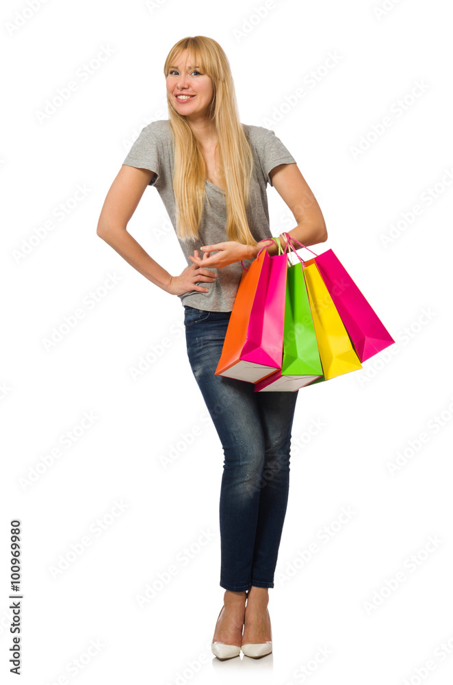 Woman with shopping bags isolated on white Woman with shopping bags isolated on white