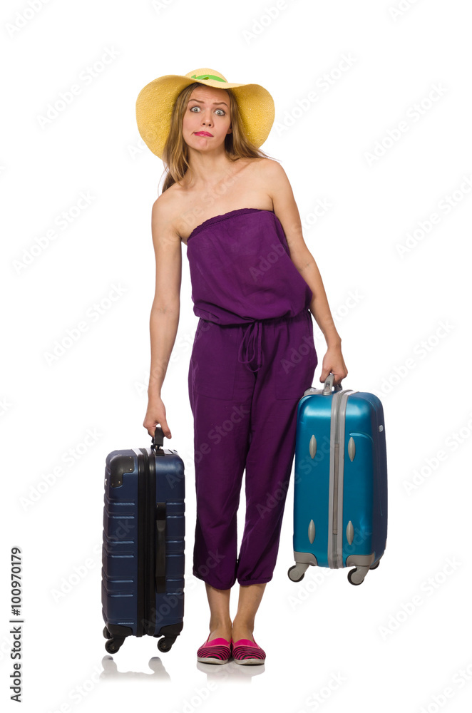 Woman with suitcase isolated on white Woman with suitcase isolated on white