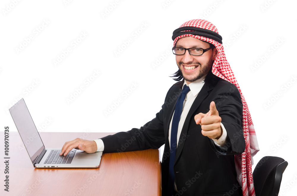 Arab businessman with computer on white Arab businessman with computer on white