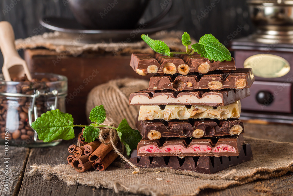 An assortment of white, dark, and milk chocolate An assortment of white, dark, and milk chocolate