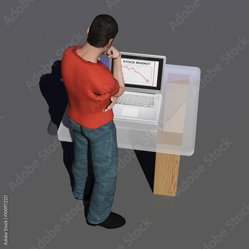 digital rendering of a worried investor looking at a stock market chart on his laptop computer photo
