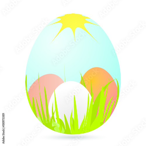 Easter colored eggs with a picture of landscape with green grass with colored eggs in the grass yellow sun and blue sky with shadow on a white background