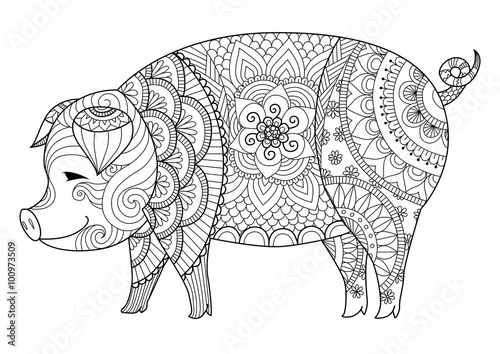 Drawing zentangle pig for coloring book for adult or other decorations