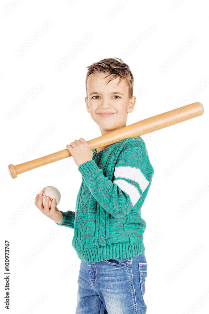 young happy boy with wooden baseball bat and ball isolated on wh young happy boy with wooden baseball bat and ball isolated on wh