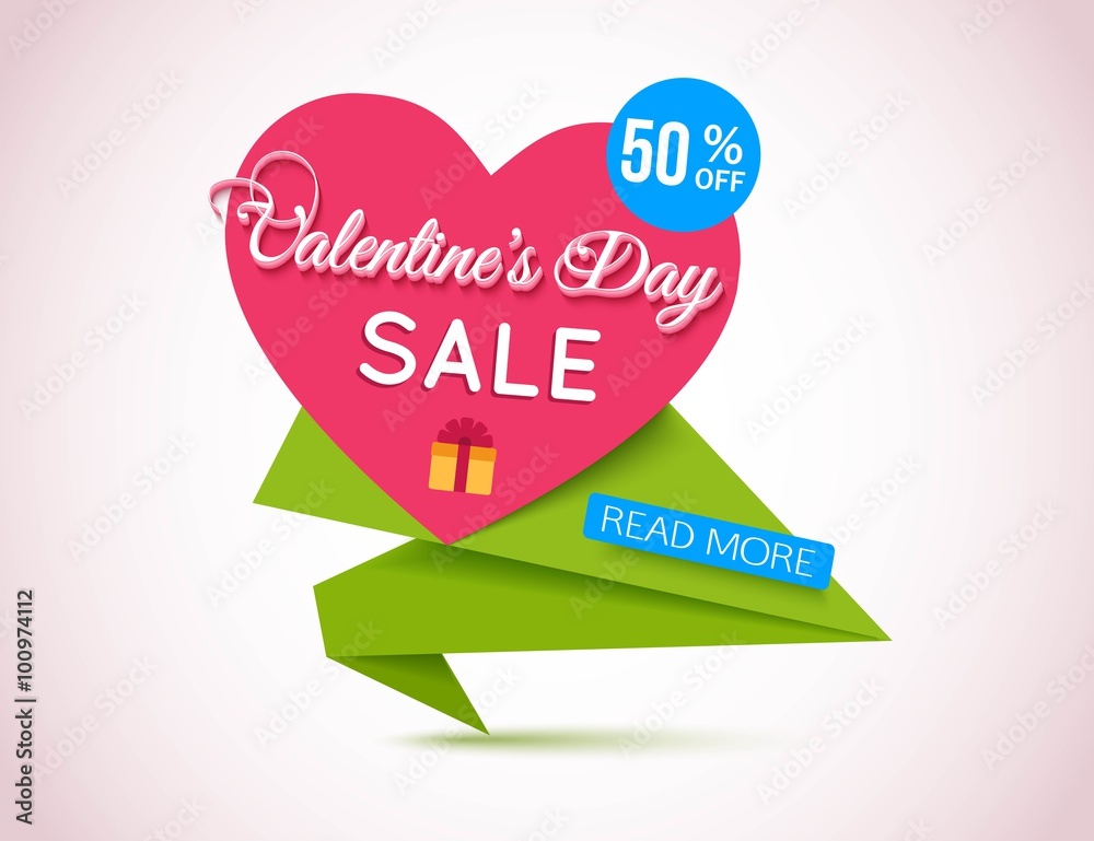 Happy Valentines Day Sale Banner. Valentines Day Background. Origami Heart Template. Happy Valentines Day Sale Banner. Valentines Day Background. Origami Heart Template.