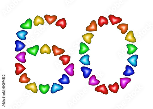 Number 60 made of multicolored hearts