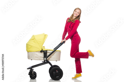 Woman with pram isolated on white