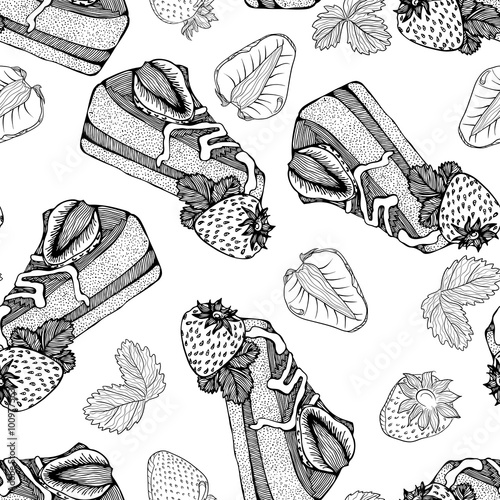 Seamless monochrome pattern with pieces of cake and strawberries
