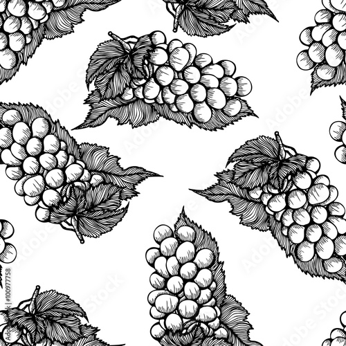Seamless monochrome pattern with bunch of grapes