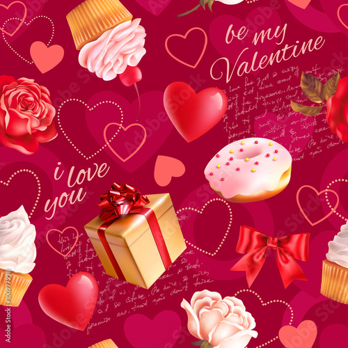 Seamless romantic pattern with roses, scripts, cakes and heart shapes. Vector illustration.