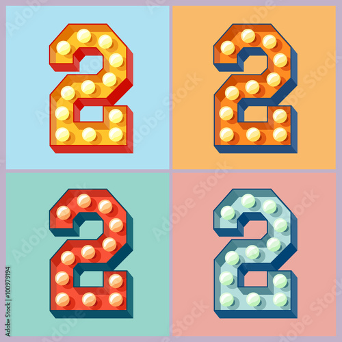 Vector light up colorful flat lamp alphabet. Number 2