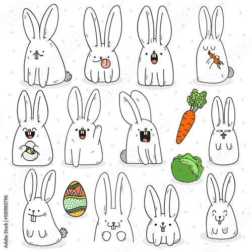 Set 12 sticker rabbit doodle with different emotions. Rabbit Handmade