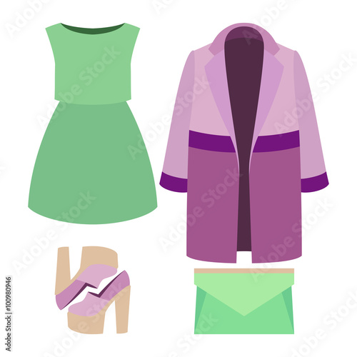 Set of trendy women's clothes. Outfit of woman coat, dress and accessories. Women's wardrobe. Vector illustration