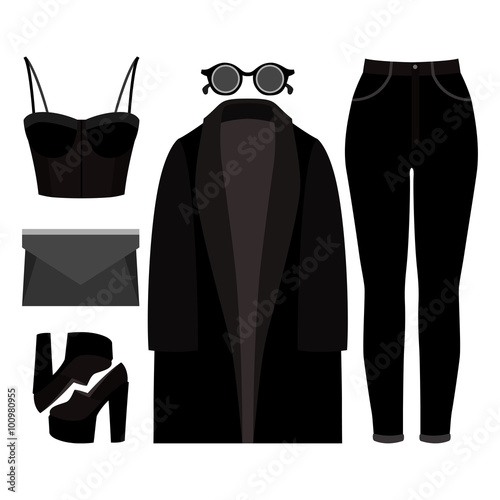 Set of trendy women's clothes. Outfit of woman coat, jeans, bustiers top and accessories. Women's wardrobe. Vector illustration