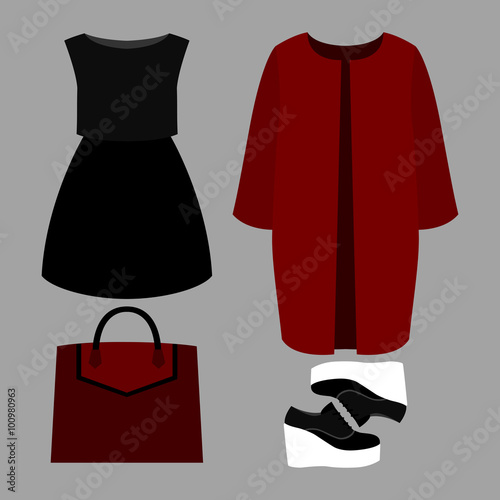 Set of trendy women's clothes. Outfit of woman coat, dress and accessories. Women's wardrobe. Vector illustration