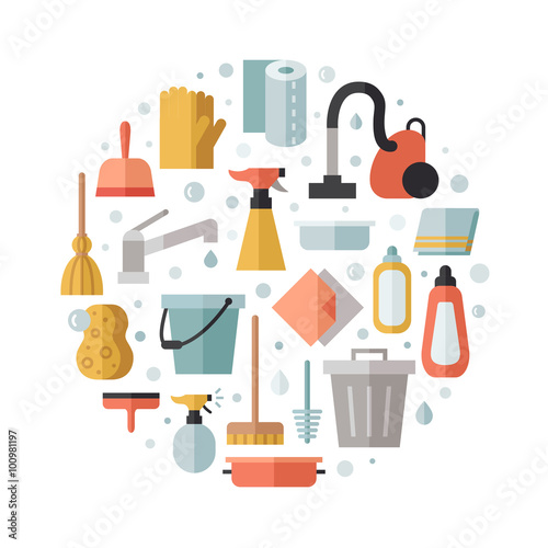 Cleaning flat multicolored vector circle background. Modern minimalistic design. 