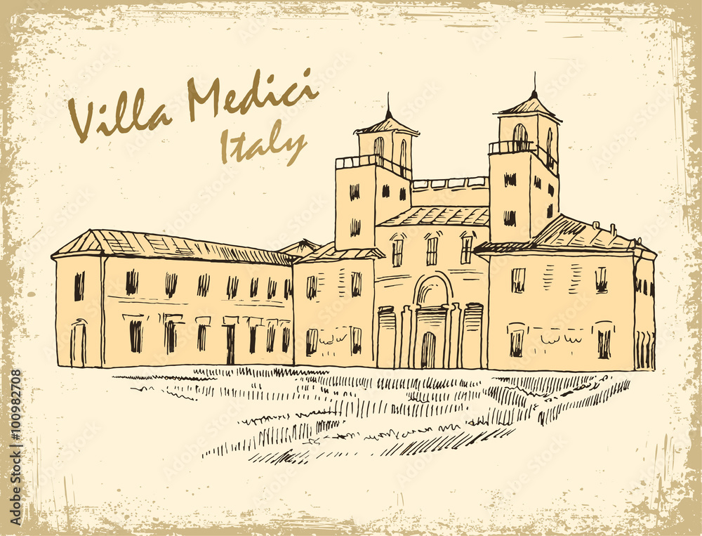Italian landmark Villa Medici isolated ink sketch.
