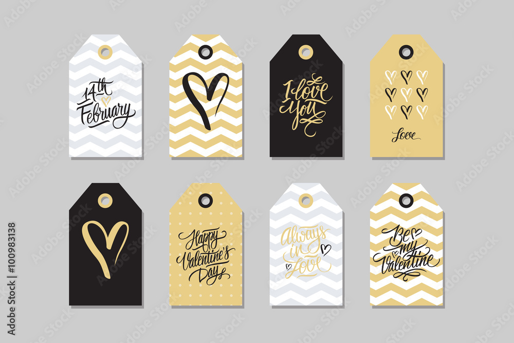 Collection of Happy Valentines day gift tags. Set of hand drawn holiday label in black, gold, white and grey. Romantic badge design. Vector illustration.