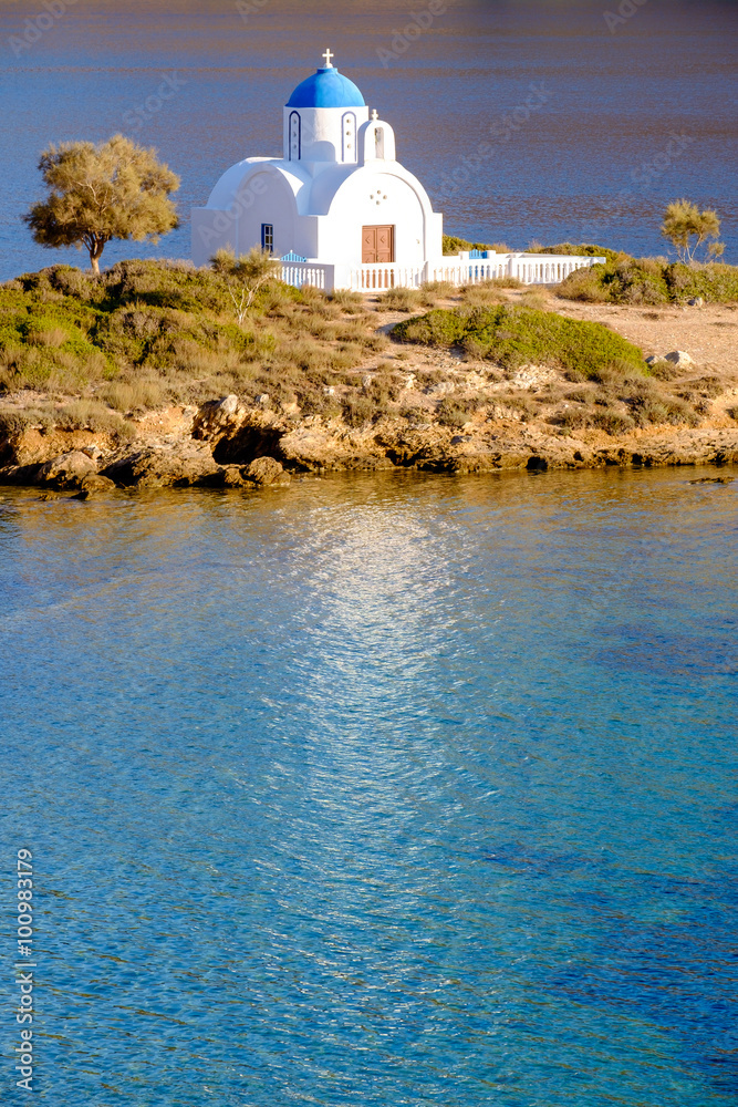 Landscape view of white church at mediterranean beach, Amorgos