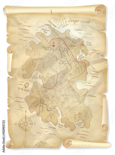 Old pirates treasure island map with marked location, vector illustration