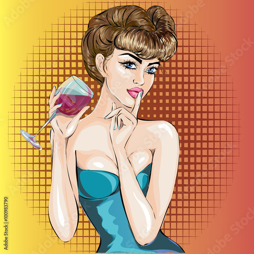 Shhh pop art sexy woman face with finger on her lips and glass of wine
