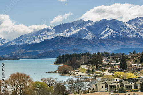 beautiful top view land scape of lake wanaka town in cloudy day photo