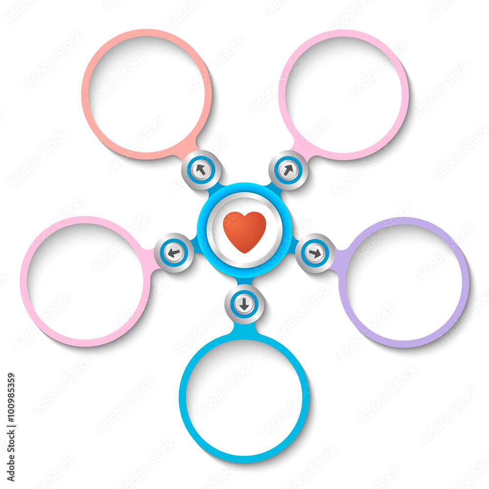 Five abstract circular text boxes and heart symbol Five abstract circular text boxes and heart symbol