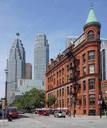 Toronto financial district  framed behind a Victorian flatiron building