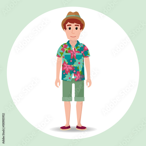 Cute hipster boy character with summer clothes and a hat. Hawaiian shirt.