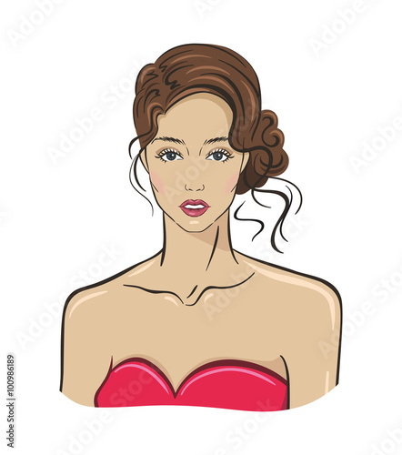 Vector illustration of a beautiful young brunette girl looking at you on a white background