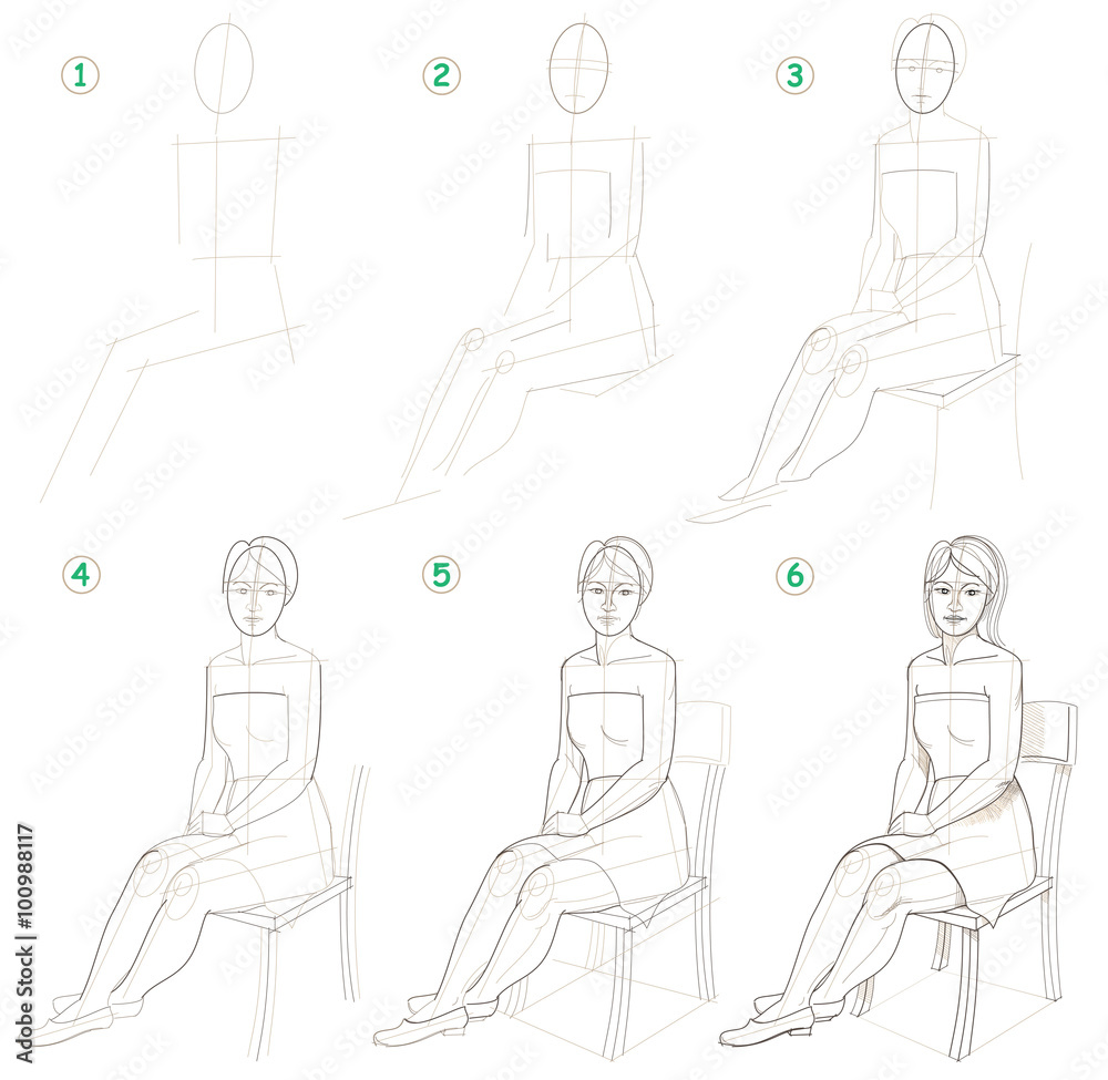 Page shows how to learn step by step to draw a sitting woman