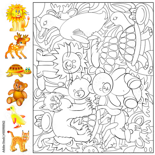 Exercises for young children - needs to find and to paint the animals. Developing skills for drawing and coloring. Vector image.
