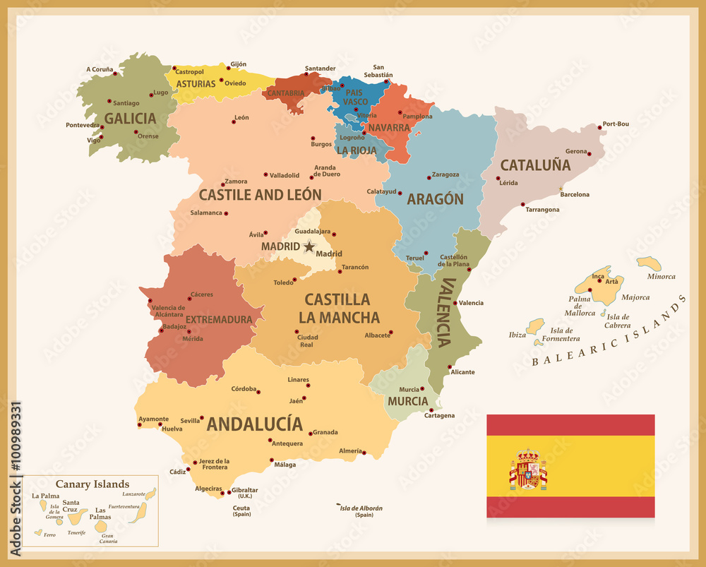Vintage Map of Spain with flag