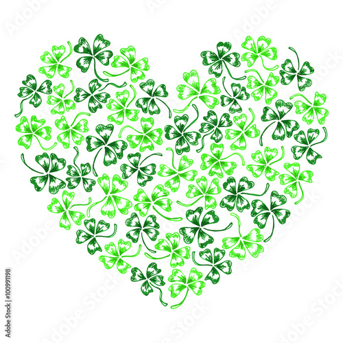 Doodle green clover shamrock heart Saint Patrick's Day vector line art isolated