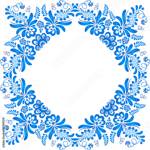 Blue ornamental floral frame in gzhel style