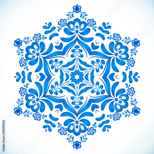 Blue floral circle pattern in gzhel style