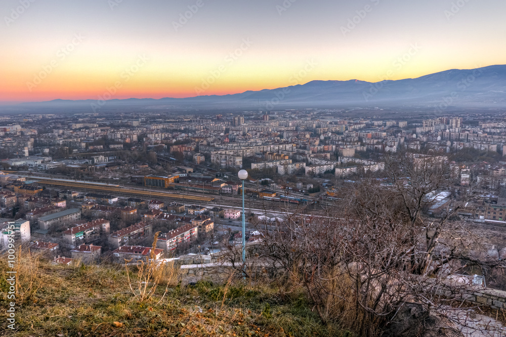 Amazing twilight Panorama of city of Plovdiv from Dzhendem tepe hill, Bulgaria