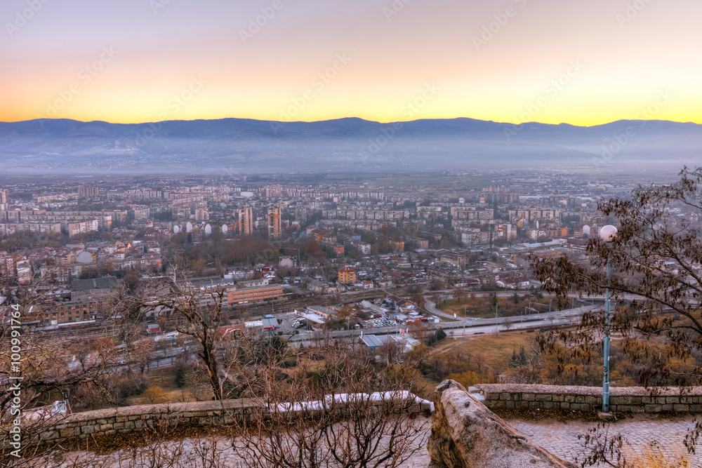 Amazing twilight Landscape of city of Plovdiv from Dzhendem tepe hill, Bulgaria