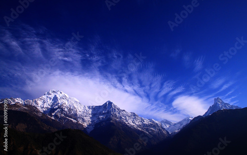 Himalayan mountain peak view from the Ghandruk village (Fishtail, Annaurna South,Hiuchuli peak) in Nepal 