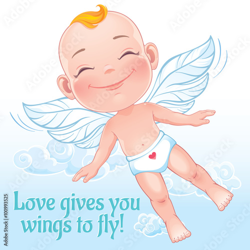 St. Valentine's Card - Vector illustration with flying happy baby cupid